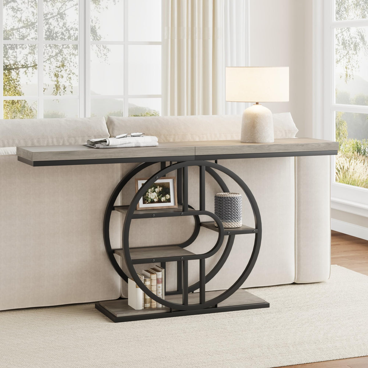 Mesa de entrada consola industrial Garvee 120 cm gris con 5 estantes y marco metálico en O