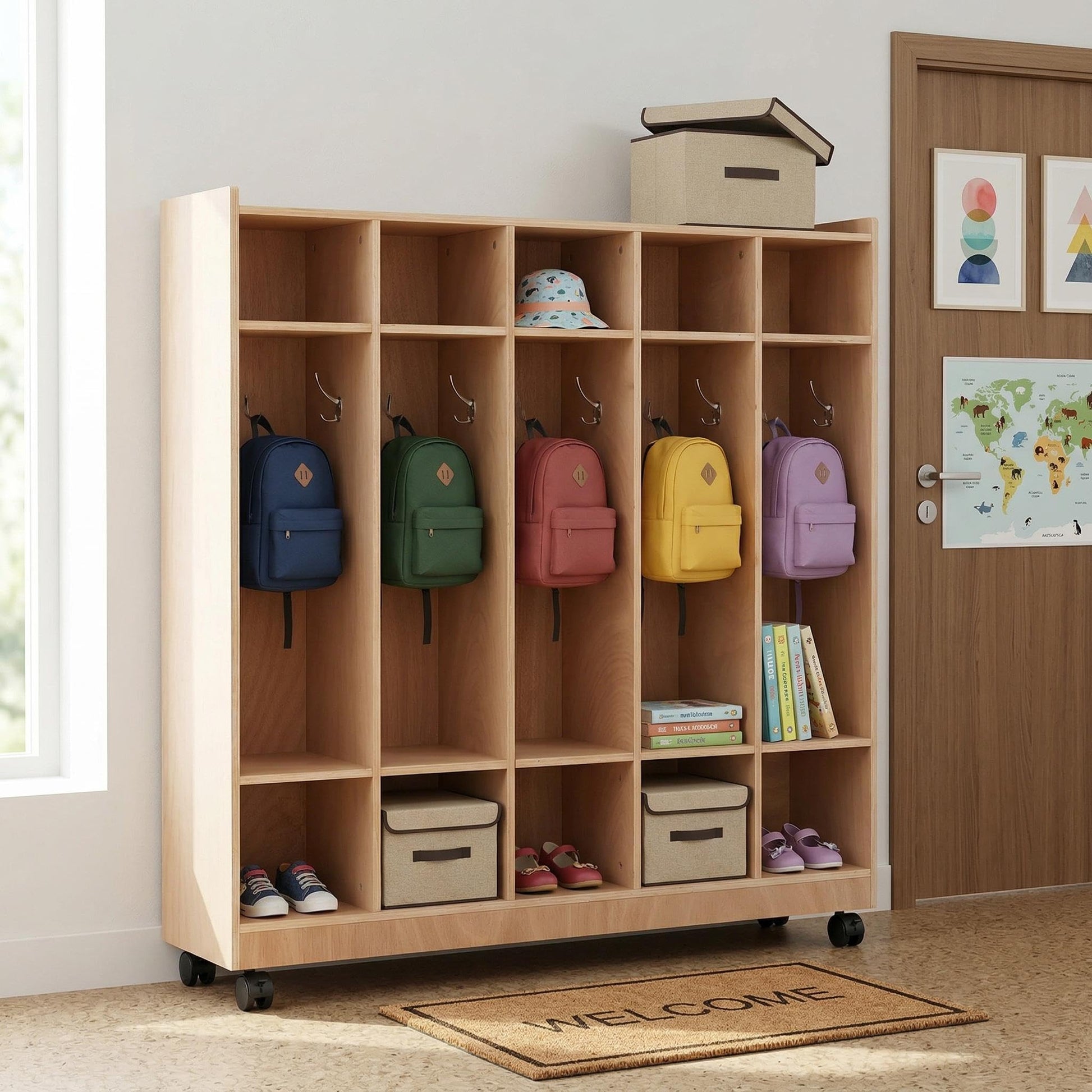 Set de 2 armarios infantiles Garvee con 5 compartimentos y 10 cubículos acabado natural para guardería y aula